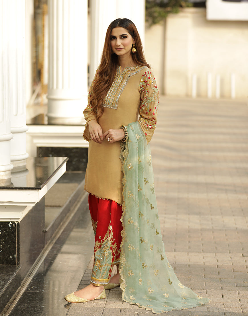 Beige Embroidered Raw Silk Salwar Kameez (3-Piece) - Image 1