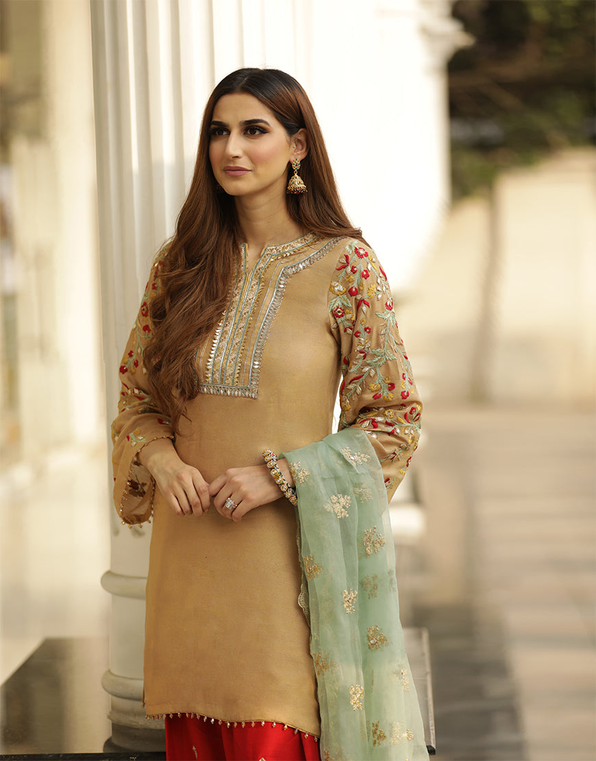 Beige Embroidered Raw Silk Salwar Kameez (3-Piece) - Image 2
