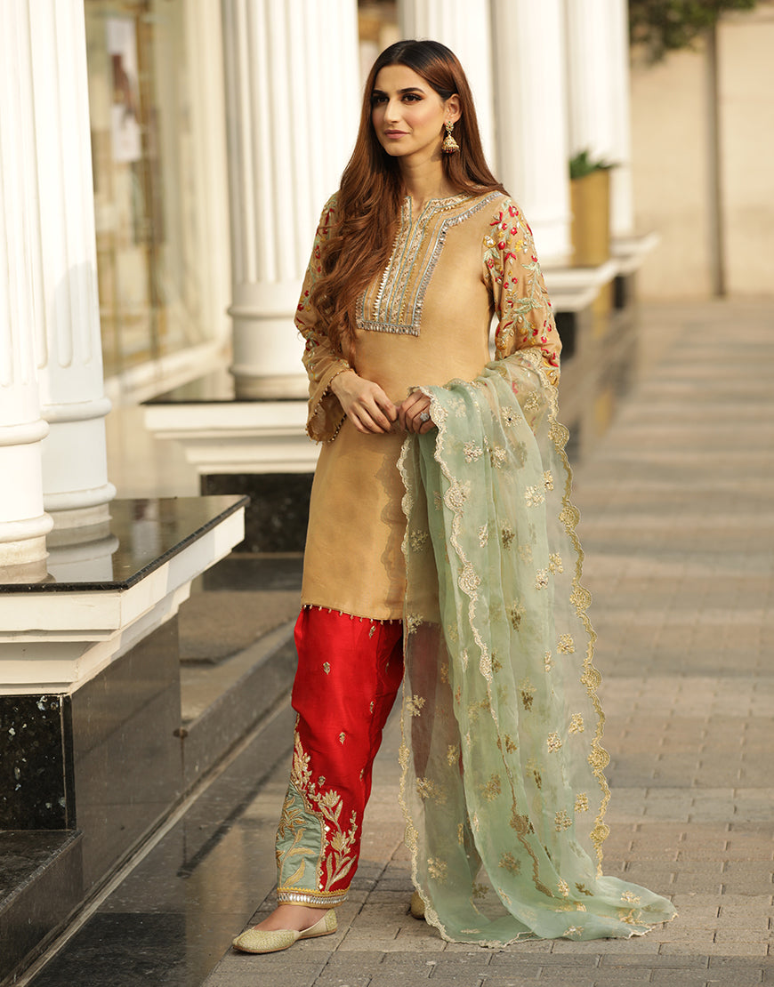 Beige Embroidered Raw Silk Salwar Kameez (3-Piece) - Image 4