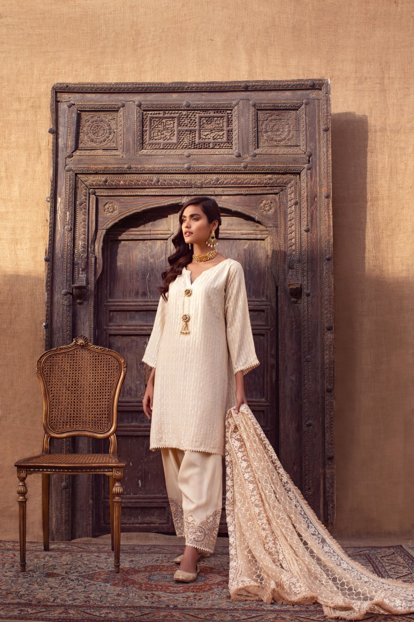 Pakistani Beige Embroidered Net & Raw Silk Kurta Set (3-Piece) - Image 3