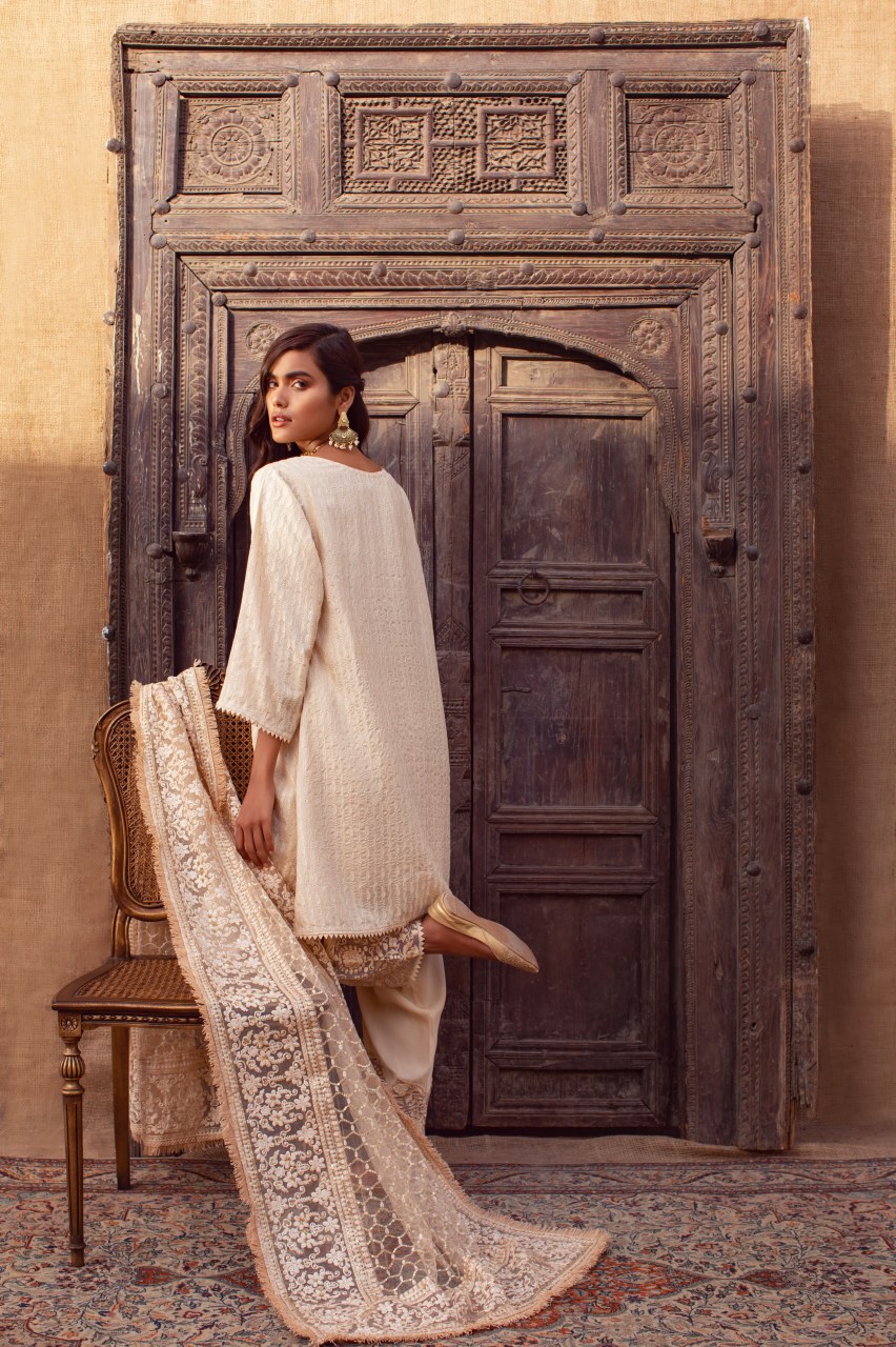 Pakistani Beige Embroidered Net & Raw Silk Kurta Set (3-Piece) - Image 4