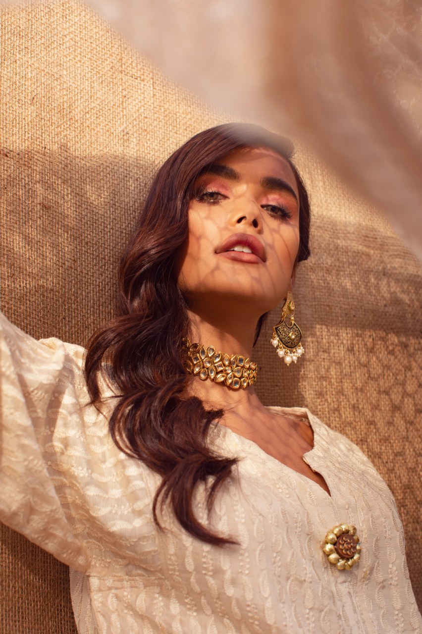 Pakistani Beige Embroidered Net & Raw Silk Kurta Set (3-Piece) - Image 5