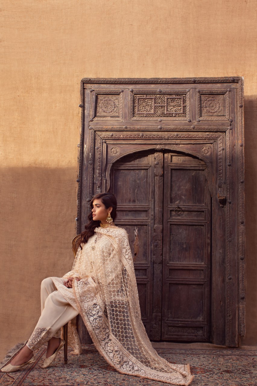 Pakistani Beige Embroidered Net & Raw Silk Kurta Set (3-Piece) - Image 6