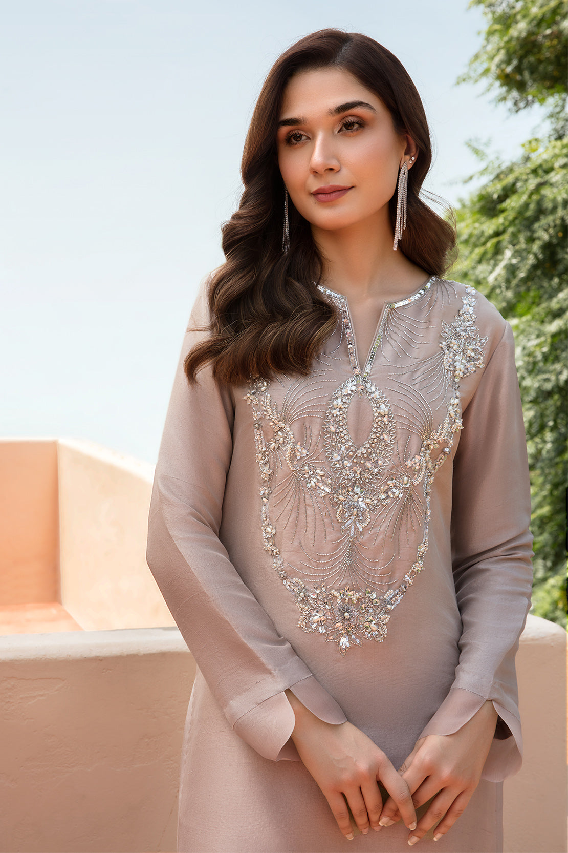 Taupe Hand-Embellished Raw Silk Salwar Kameez (3-Piece) - Image 3