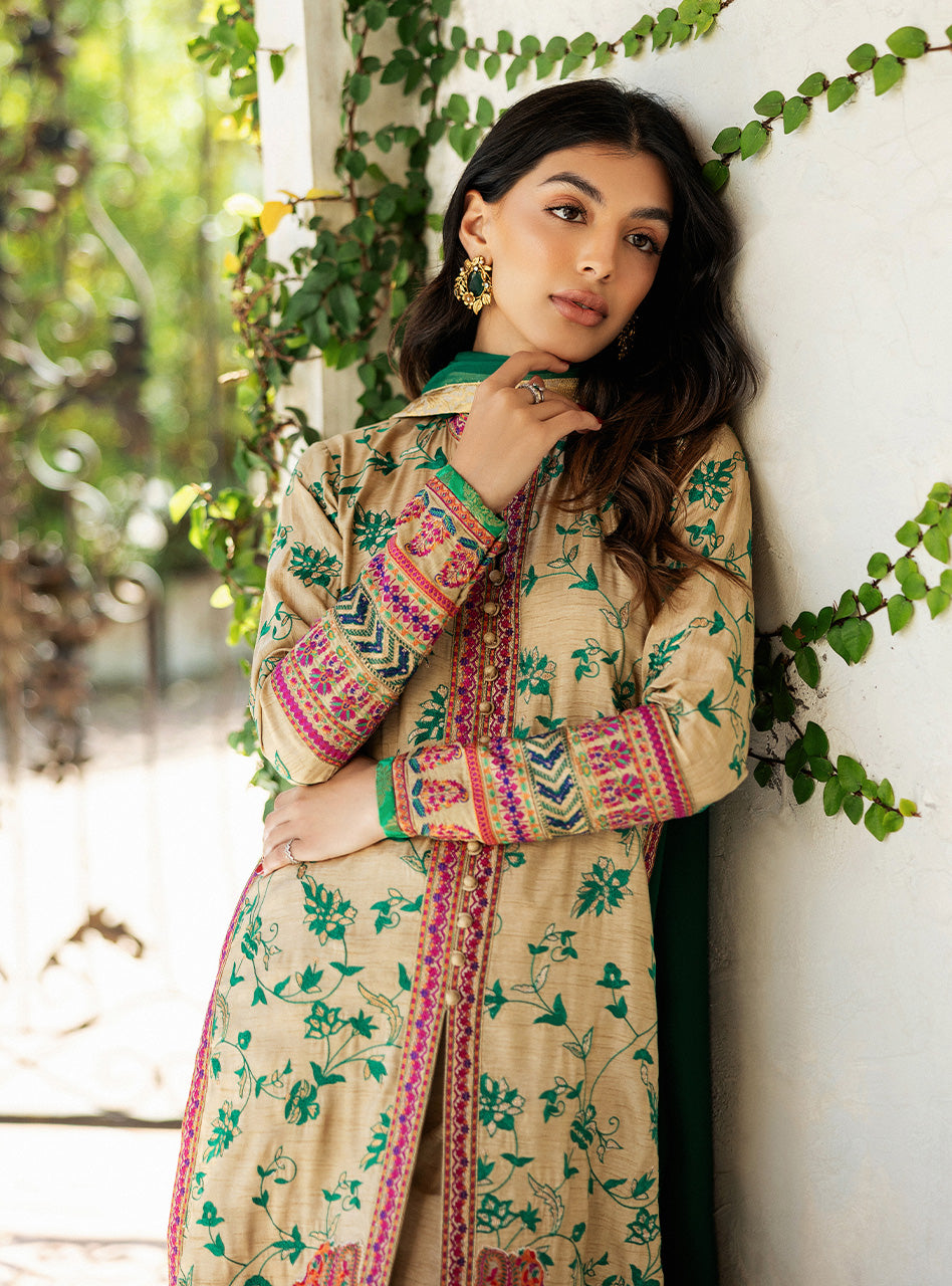 Pakistani Beige Kashmiri Embroidered Raw Silk Salwar Kameez (3-Piece) - Image 2