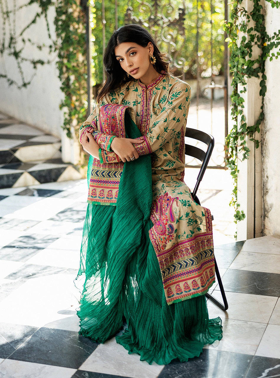 Beige Kashmiri Embroidered Raw Silk Salwar Kameez (3-Piece) - Image 4