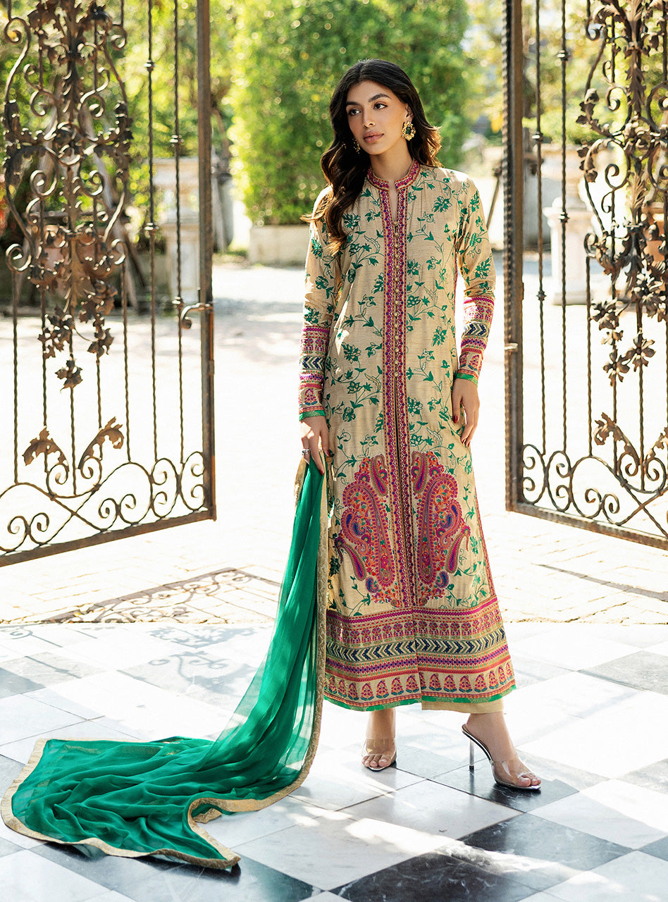 Beige Kashmiri Embroidered Raw Silk Salwar Kameez (3-Piece) - Image 5