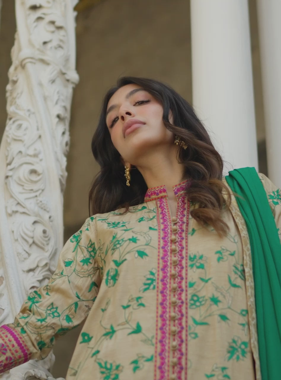 Beige Kashmiri Embroidered Raw Silk Salwar Kameez (3-Piece) - Image 8