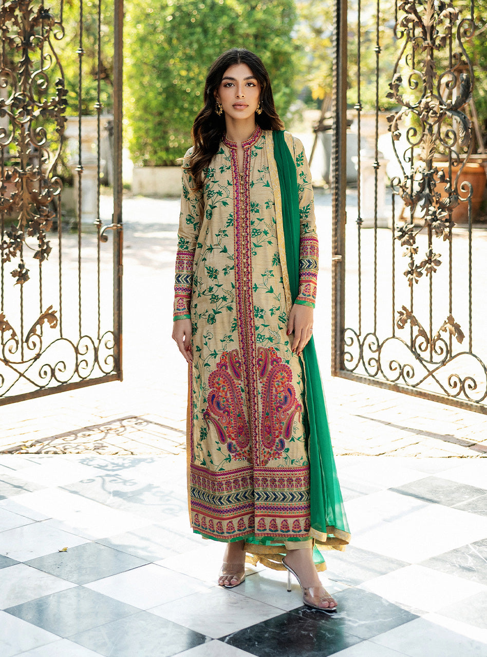 Beige Kashmiri Embroidered Raw Silk Salwar Kameez (3-Piece) - Image 1