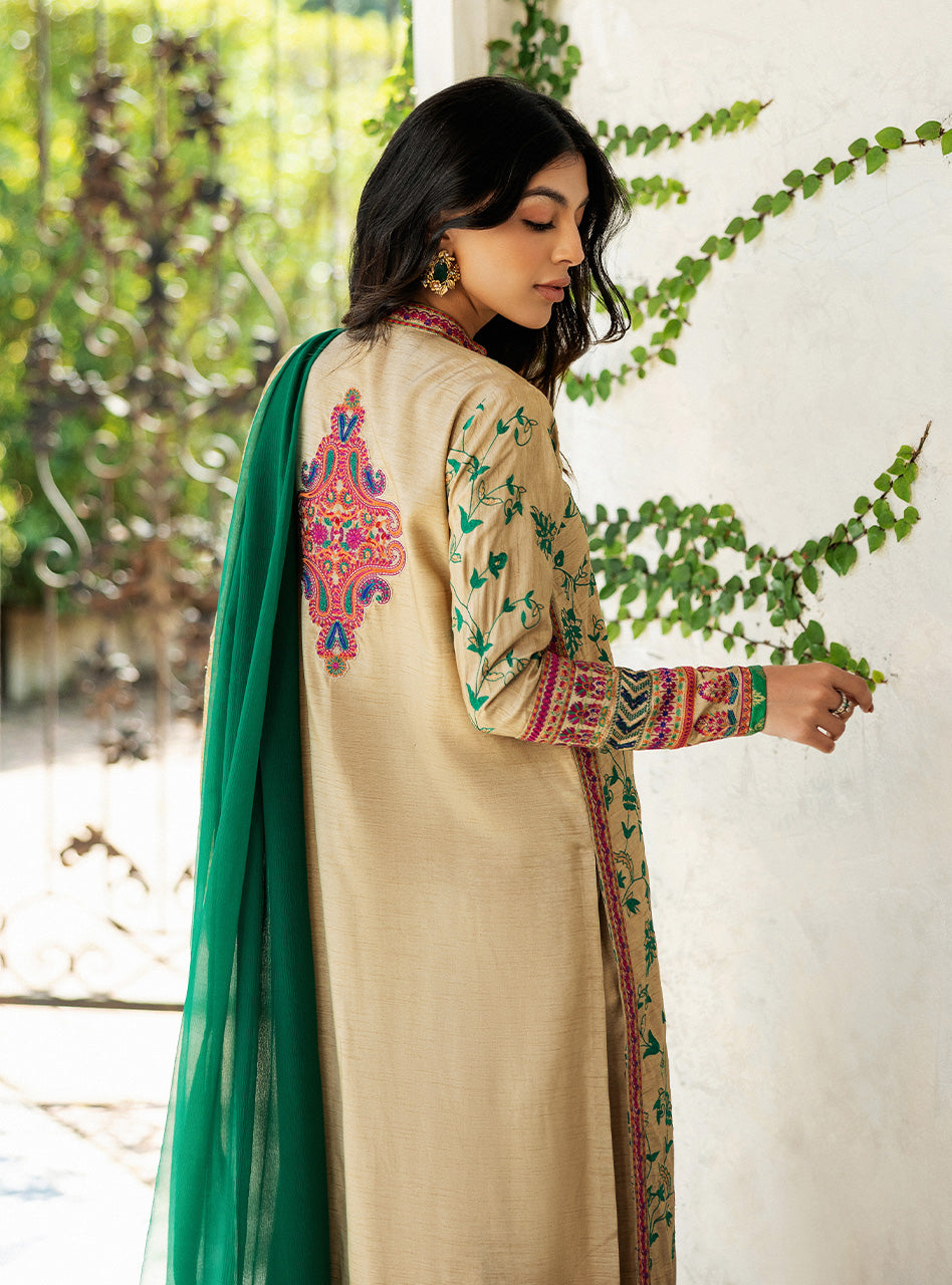 Beige Kashmiri Embroidered Raw Silk Salwar Kameez (3-Piece) - Image 4
