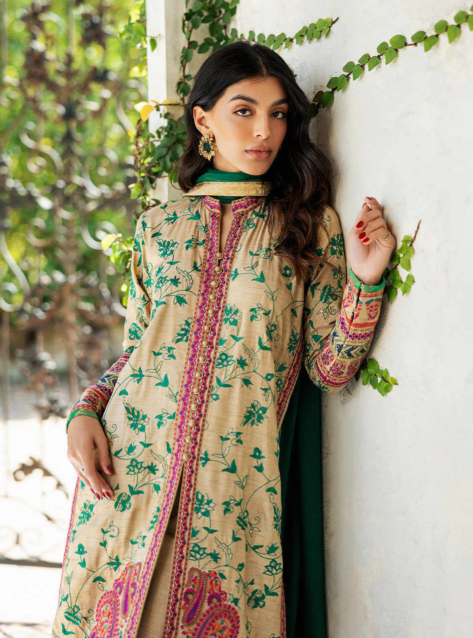 Beige Kashmiri Embroidered Raw Silk Salwar Kameez (3-Piece) - Image 6