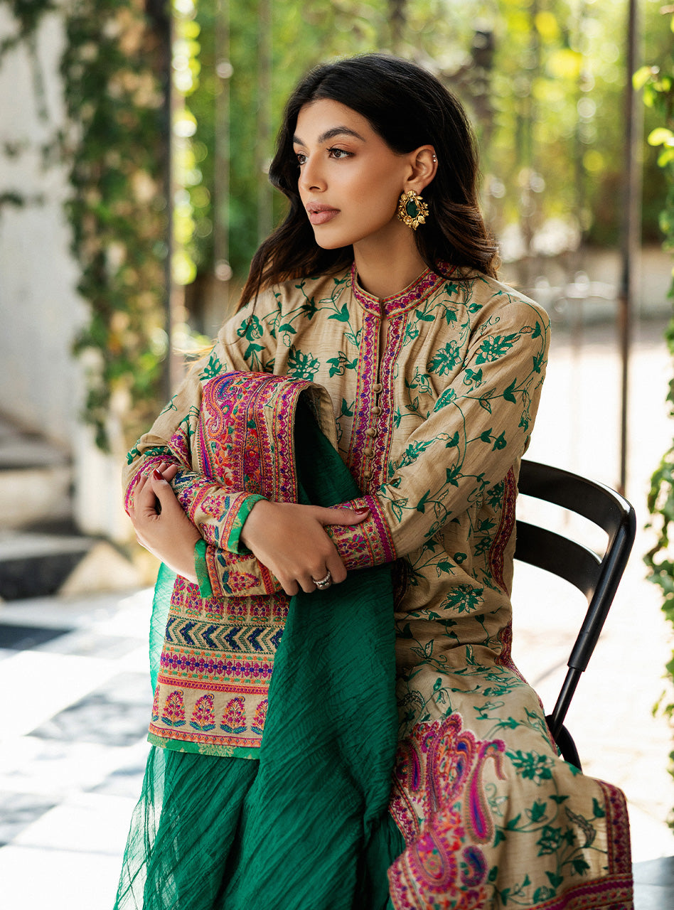 Beige Kashmiri Embroidered Raw Silk Salwar Kameez (3-Piece) - Image 8