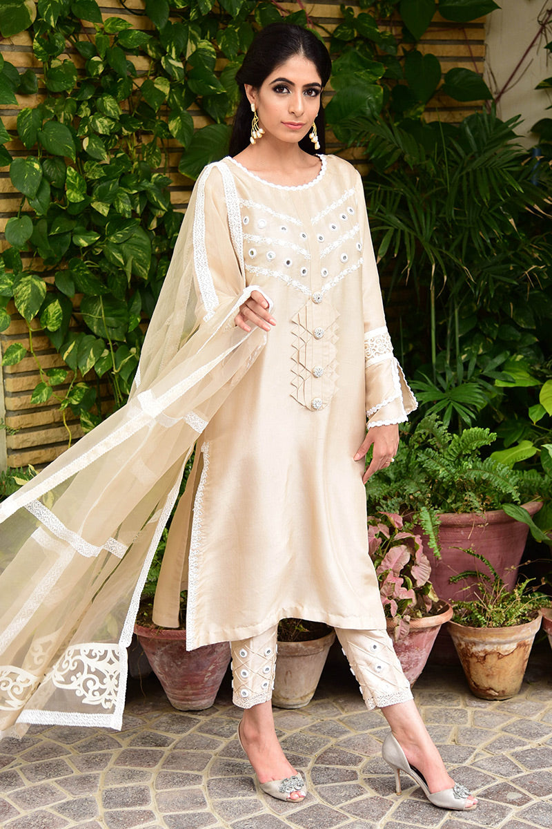 Soft Beige Mirror Work Raw Silk Salwar Kameez (3-Piece) - Image 1