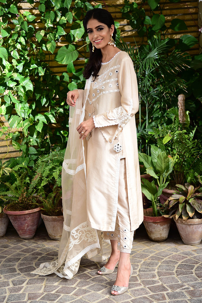 Soft Beige Mirror Work Raw Silk Salwar Kameez (3-Piece) - Image 2