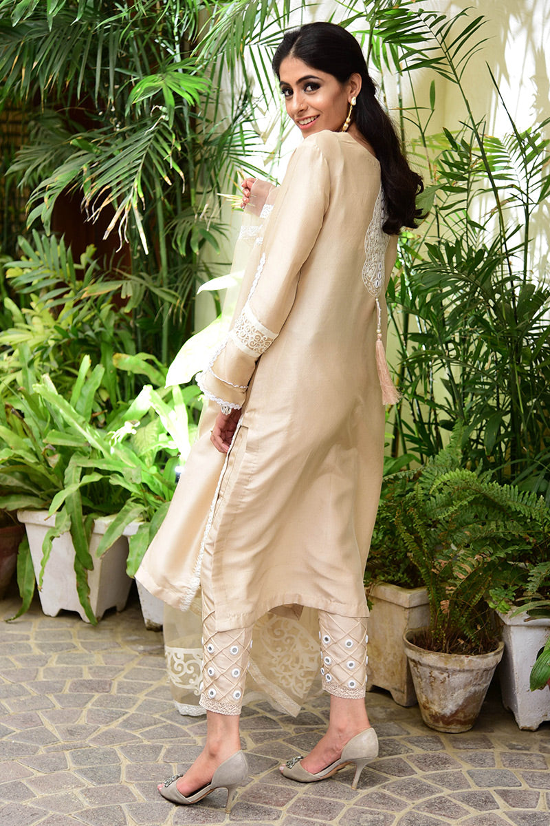 Soft Beige Mirror Work Raw Silk Salwar Kameez (3-Piece) - Image 3