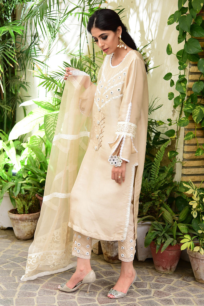 Soft Beige Mirror Work Raw Silk Salwar Kameez (3-Piece) - Image 4