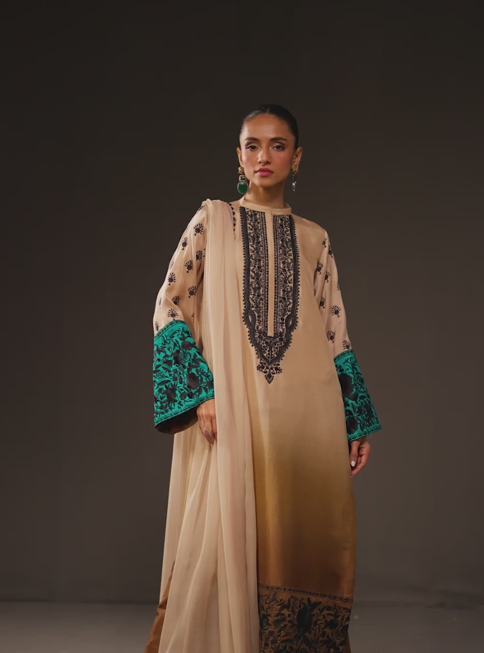 Beige to Taupe Embroidered Raw Silk Salwar Kameez (3-Piece) - Image 8