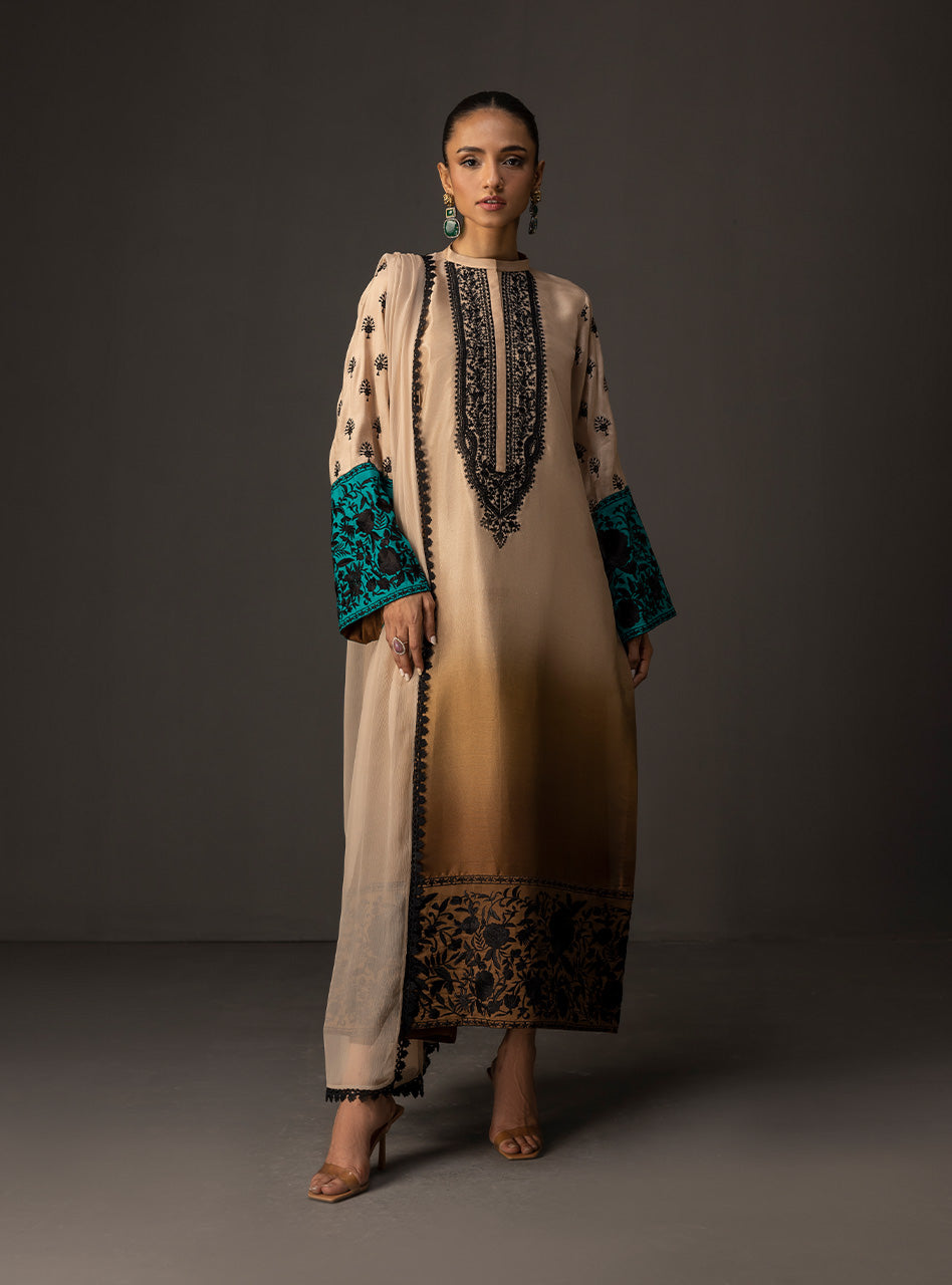 Beige to Taupe Embroidered Raw Silk Salwar Kameez (3-Piece) - Image 1