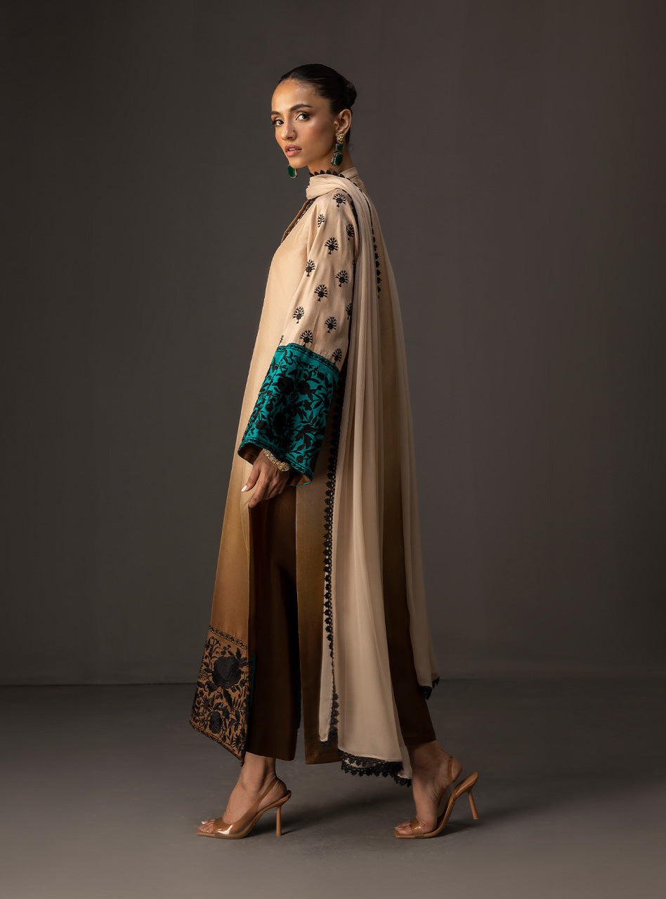 Beige to Taupe Embroidered Raw Silk Salwar Kameez (3-Piece) - Image 3