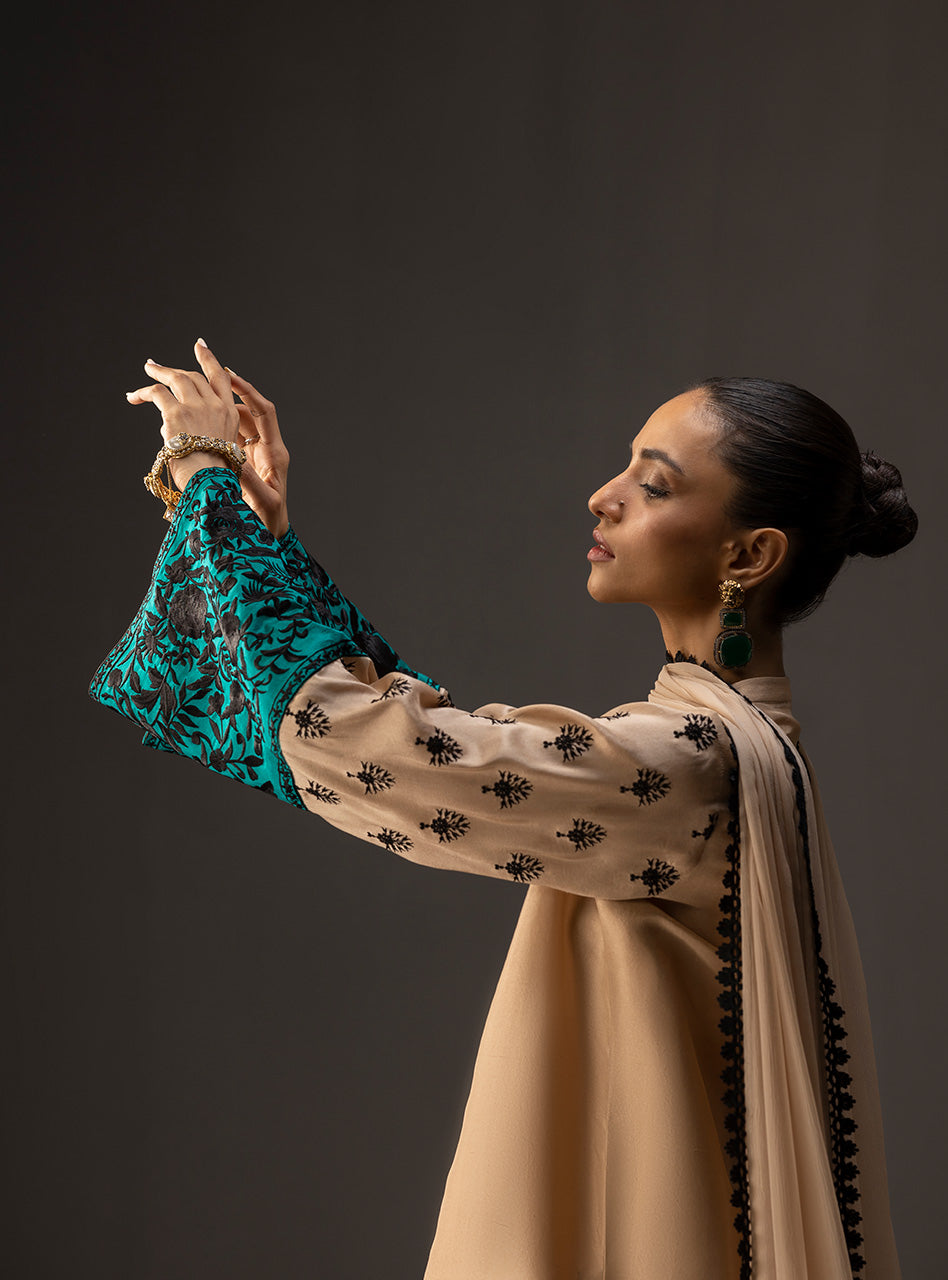 Beige to Taupe Embroidered Raw Silk Salwar Kameez (3-Piece) - Image 7