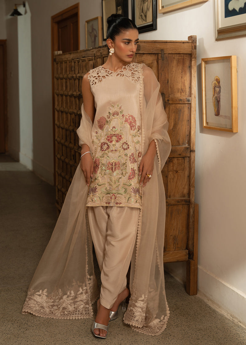 Nude Beige Embroidered Korean Raw Silk Salwar Kameez (3-Piece) - Image 1
