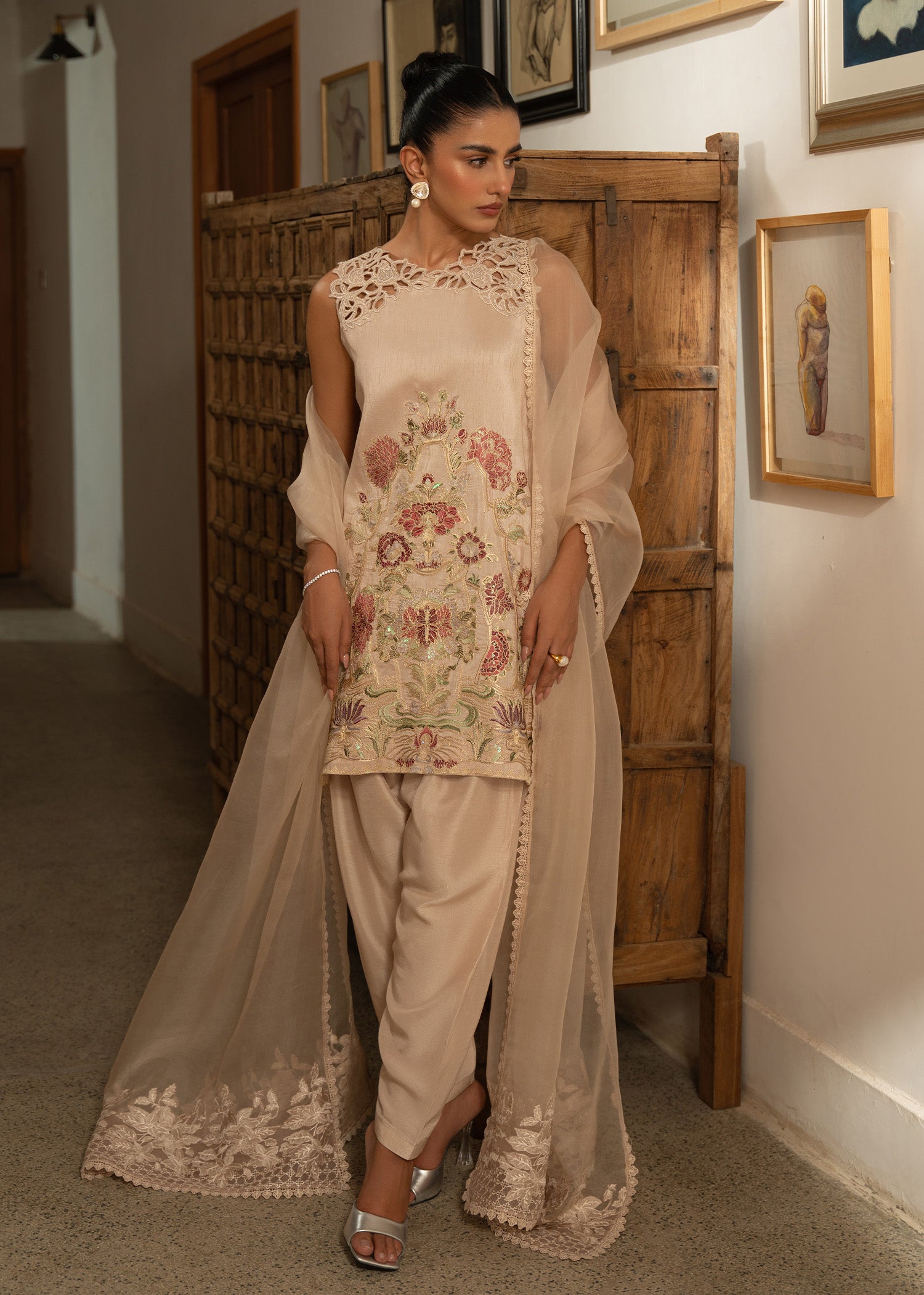 Nude Beige Embroidered Korean Raw Silk Salwar Kameez (3-Piece) - Image 2