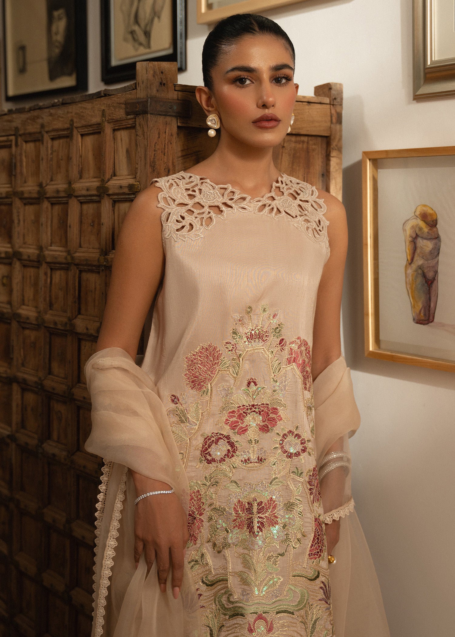 Nude Beige Embroidered Korean Raw Silk Salwar Kameez (3-Piece) - Image 4