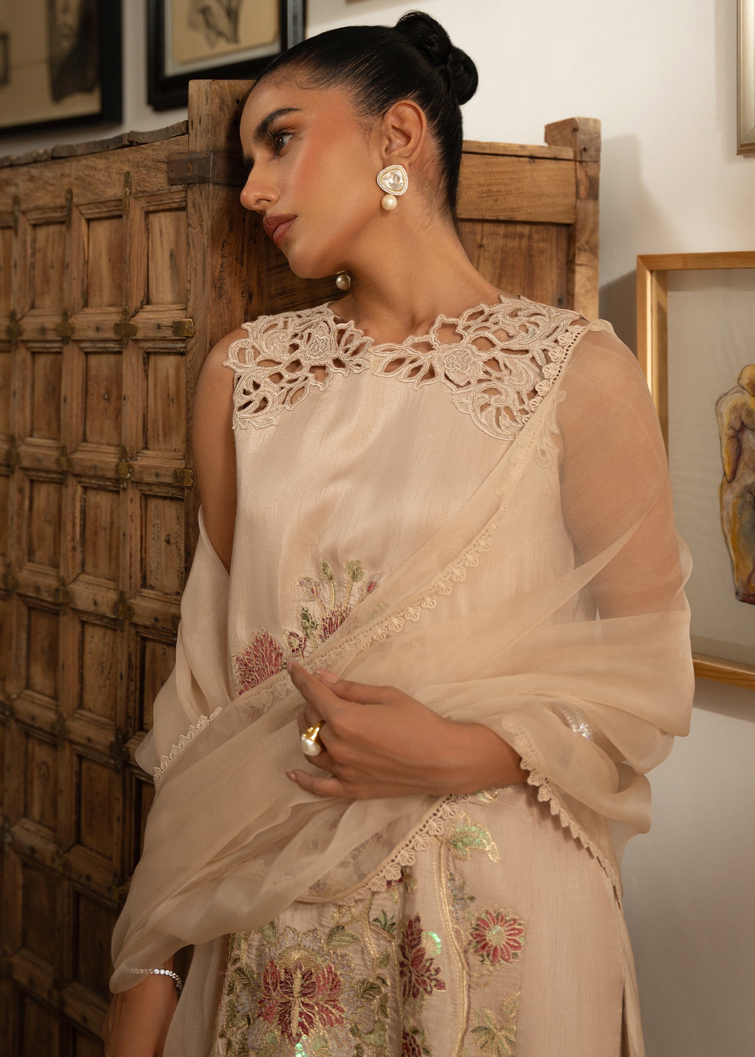 Nude Beige Embroidered Korean Raw Silk Salwar Kameez (3-Piece) - Image 5