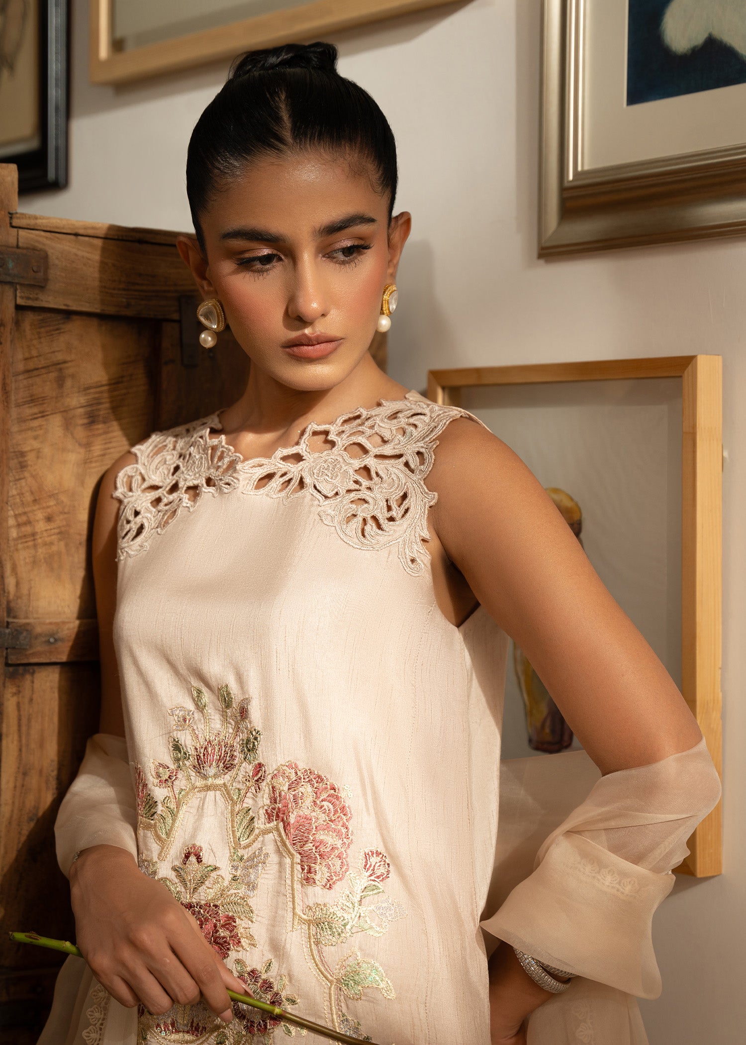 Nude Beige Embroidered Korean Raw Silk Salwar Kameez (3-Piece) - Image 6