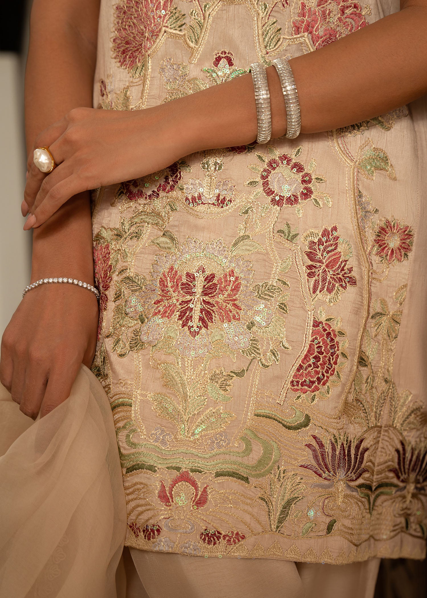 Nude Beige Embroidered Korean Raw Silk Salwar Kameez (3-Piece) - Image 7