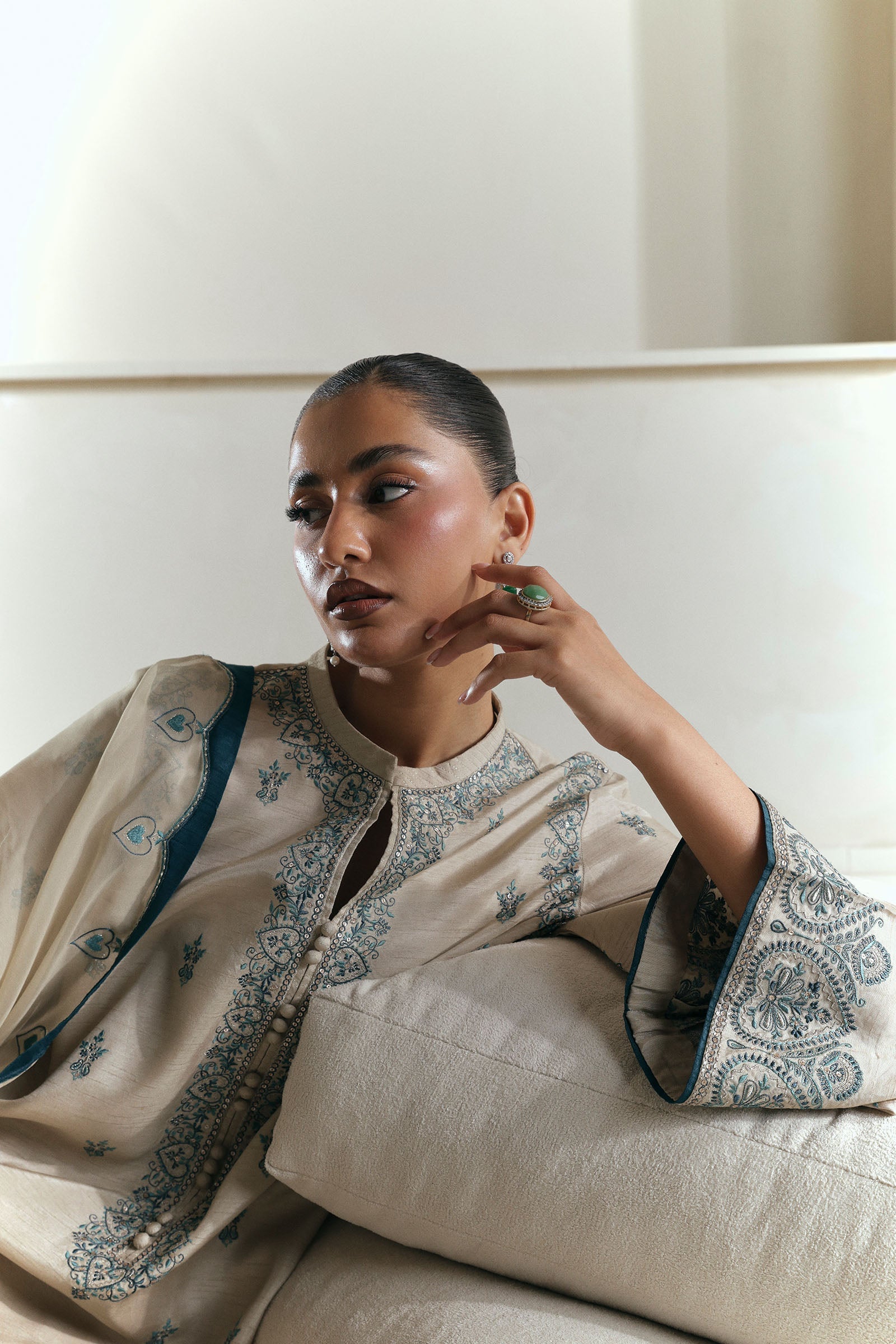 Pakistani Sand Embroidered Raw Silk Salwar Kameez (3-Piece) - Image 4