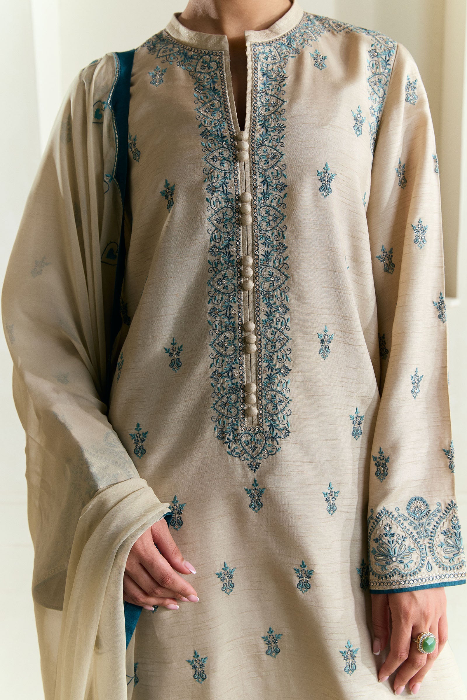 Pakistani Sand Embroidered Raw Silk Salwar Kameez (3-Piece) - Image 5