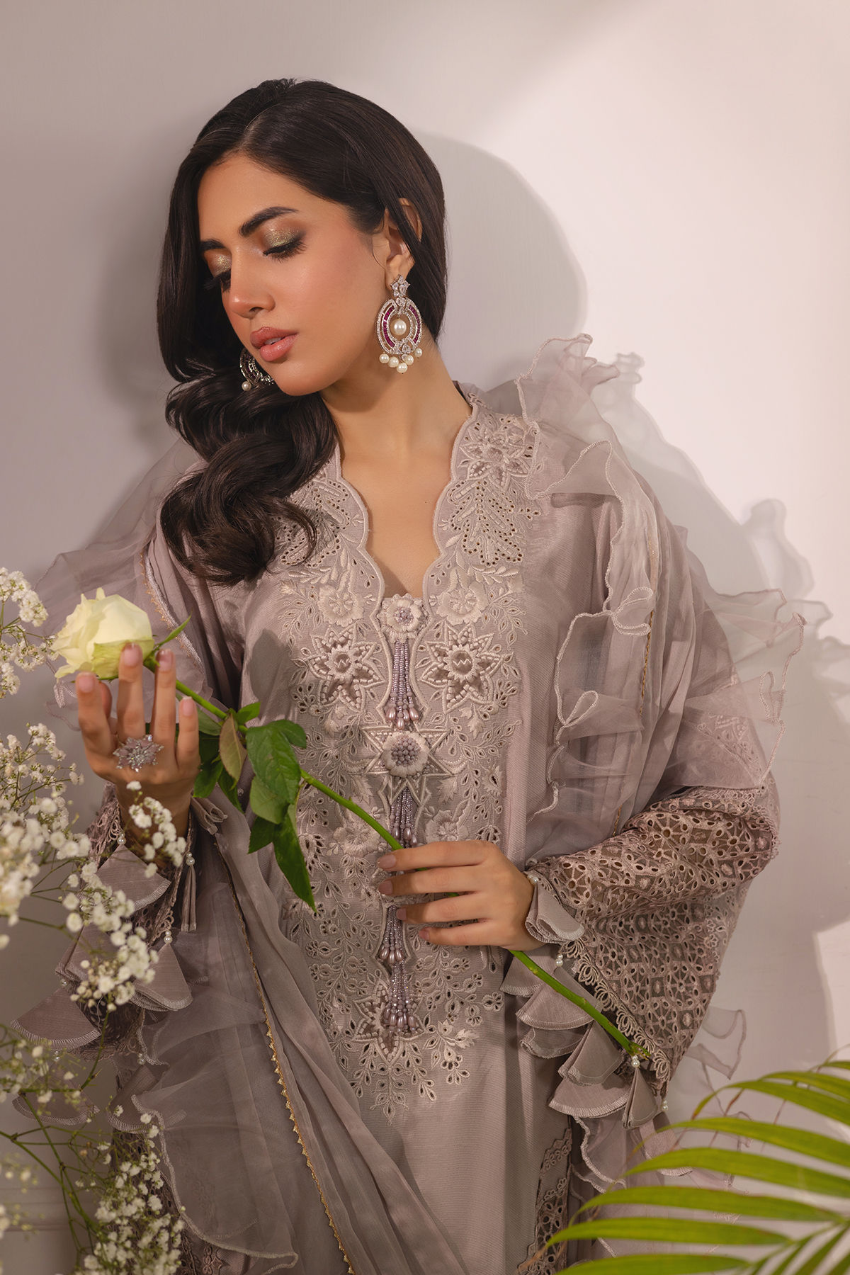 Pakistani Taupe Velvet Appliqué Raw Silk Salwar Kameez (3-Piece) - Image 2