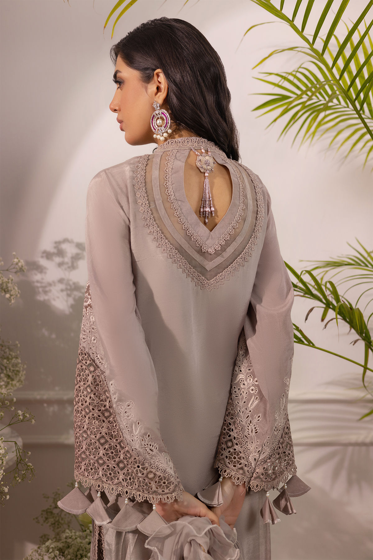 Pakistani Taupe Velvet Appliqué Raw Silk Salwar Kameez (3-Piece) - Image 4
