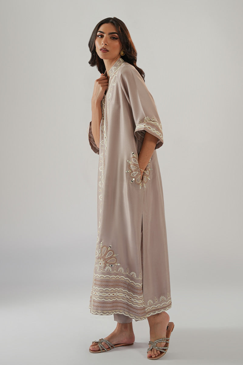 Beige Aari Embroidered Pure Rawsilk Kurta Set (2-Piece) - Image 4