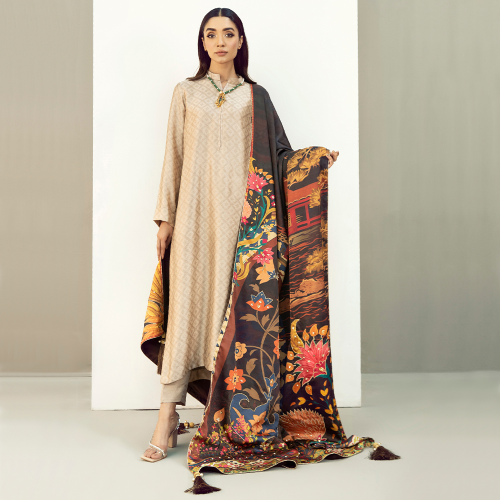 Beige Embellished Self Tissue Silk Salwar Kameez (3-Piece) - Image 1