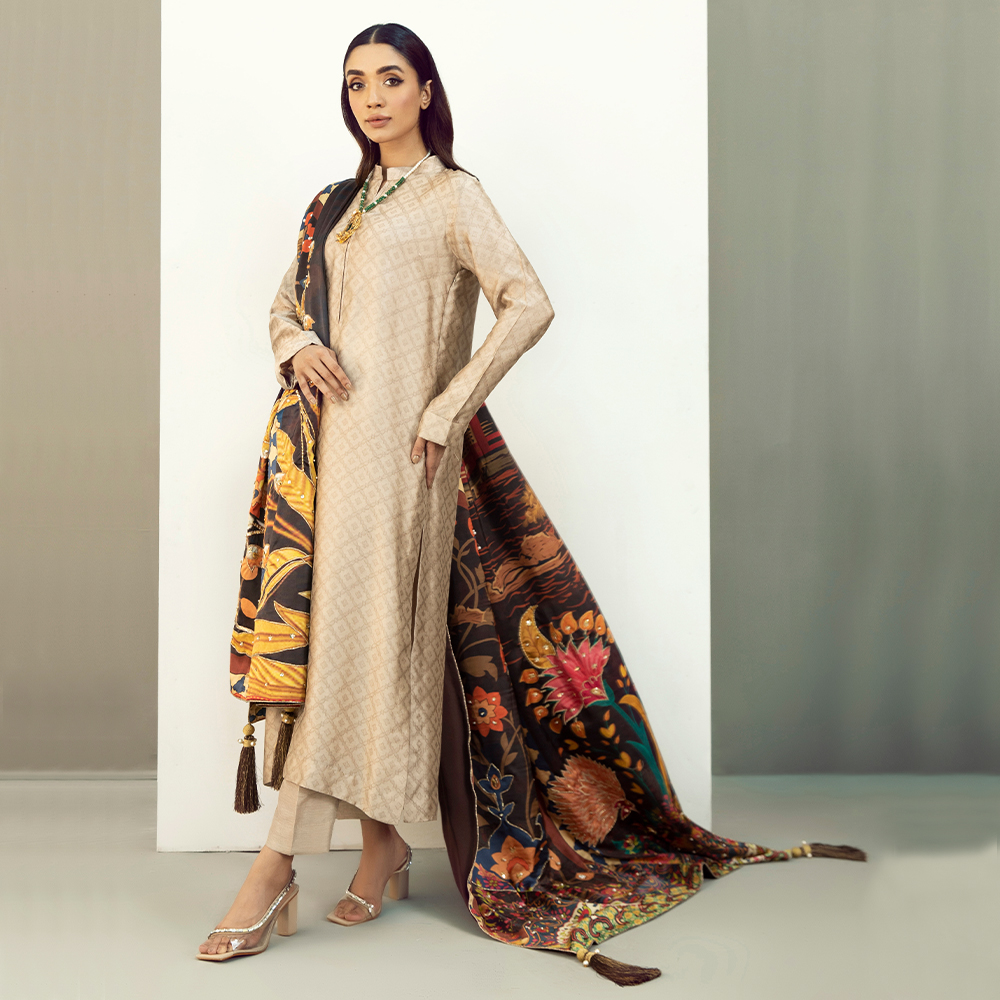 Beige Embellished Self Tissue Silk Salwar Kameez (3-Piece) - Image 6