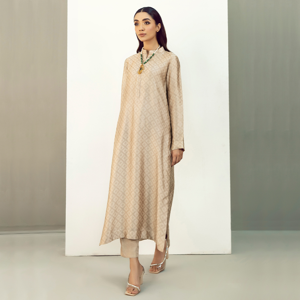 Beige Embellished Self Tissue Silk Salwar Kameez (3-Piece) - Image 7