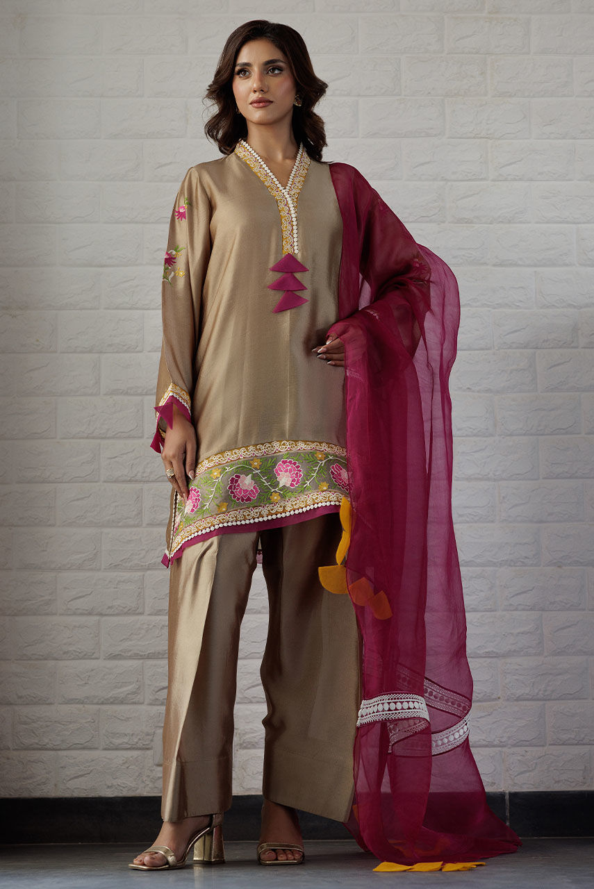 Pakistani Neutral Aari Embroidered Sheesha Silk Kurta Set (3-Piece) - Image 1