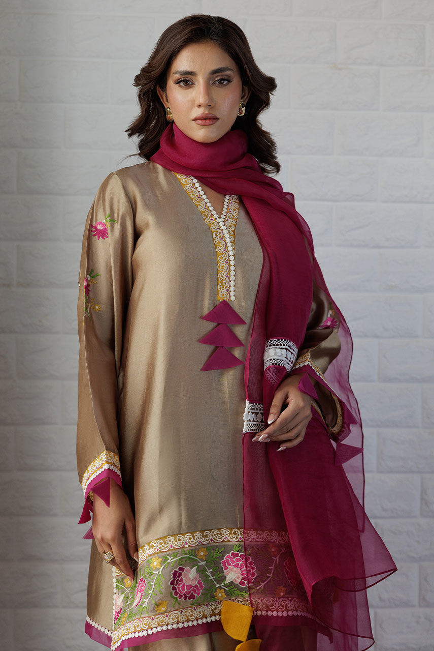 Pakistani Neutral Aari Embroidered Sheesha Silk Kurta Set (3-Piece) - Image 2