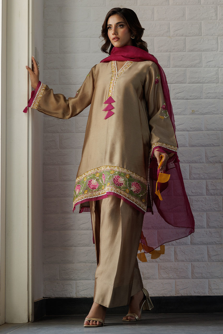 Pakistani Neutral Aari Embroidered Sheesha Silk Kurta Set (3-Piece) - Image 4