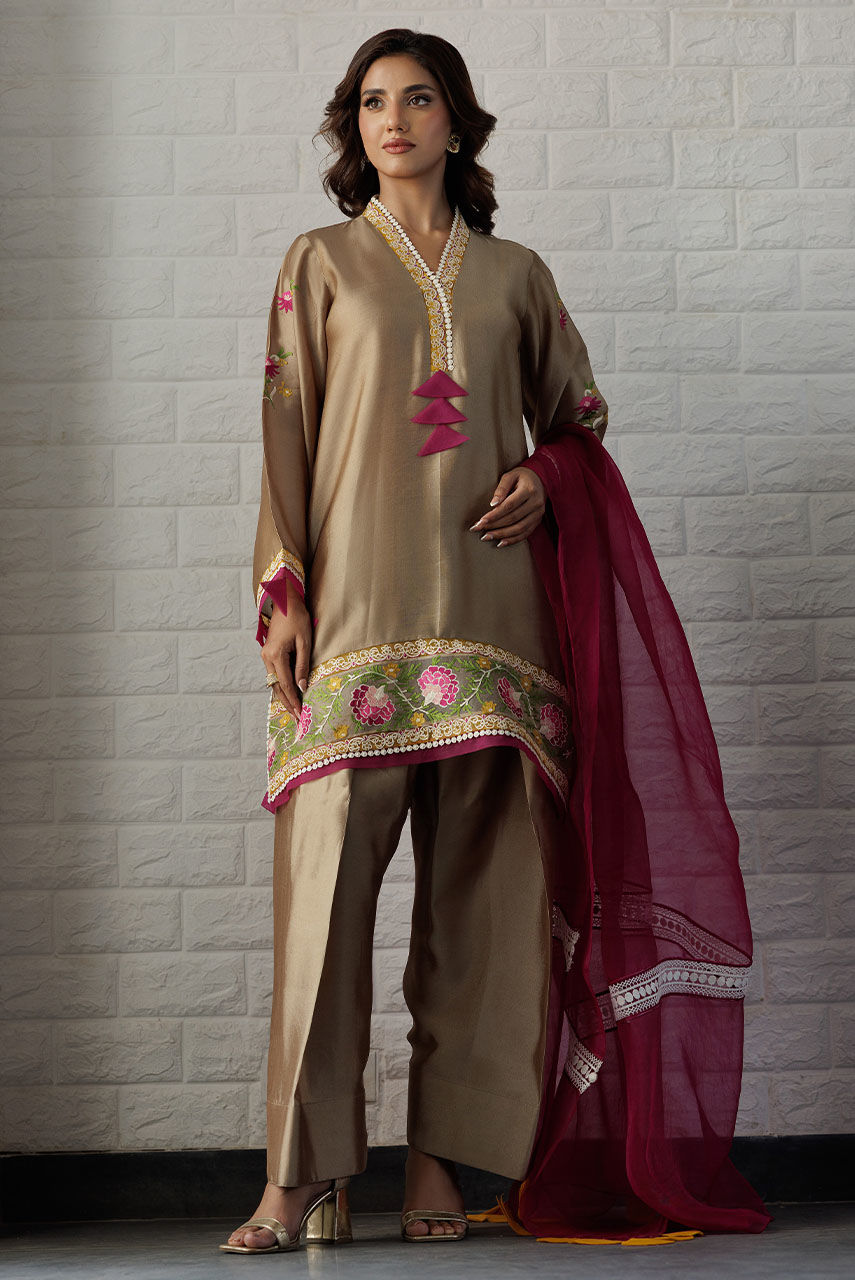 Pakistani Neutral Aari Embroidered Sheesha Silk Kurta Set (3-Piece) - Image 5