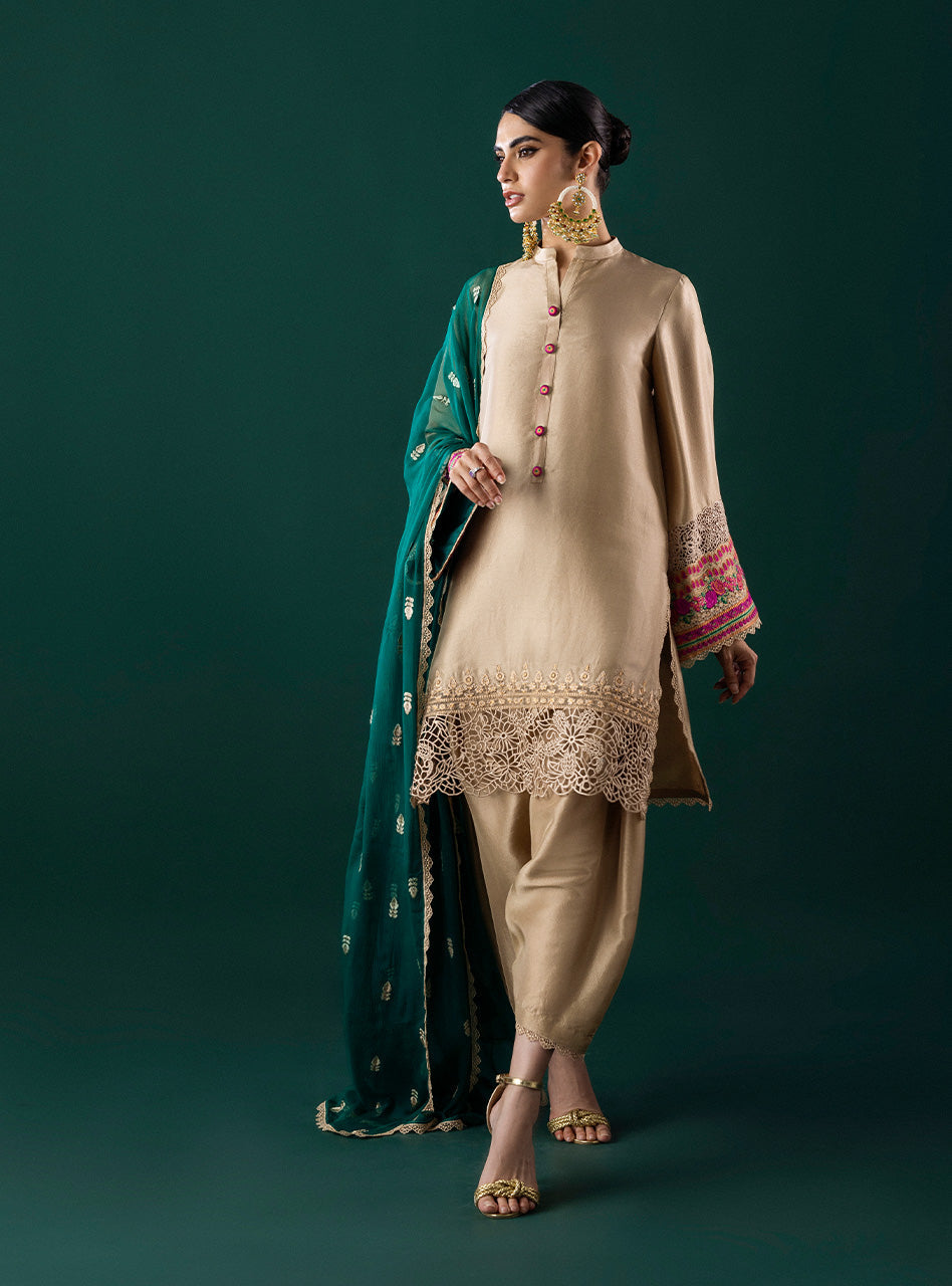 Pakistani Beige Embroidered Silk-Blend Salwar Kameez (3-Piece) - Image 10