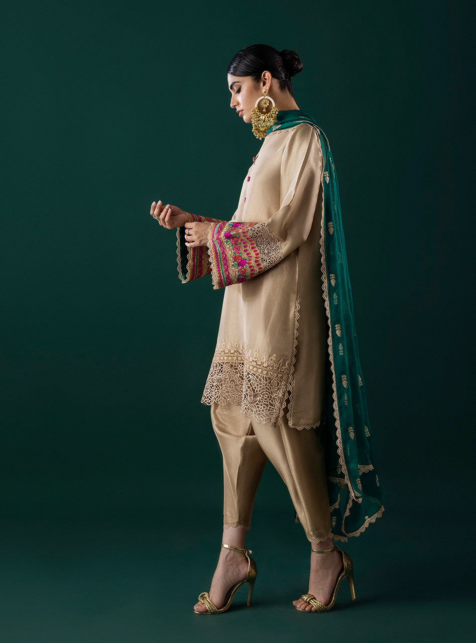 Pakistani Beige Embroidered Silk-Blend Salwar Kameez (3-Piece) - Image 3