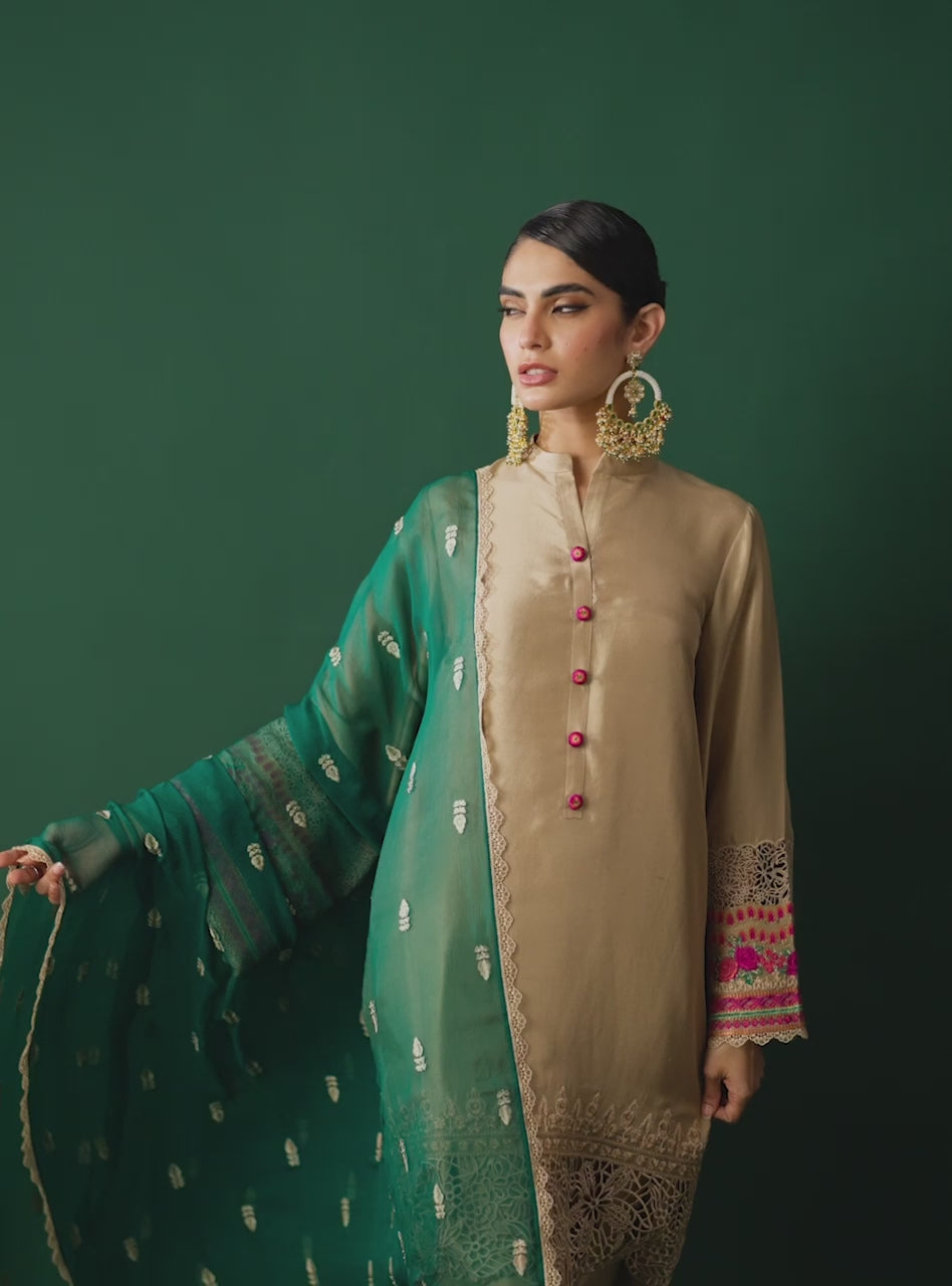 Pakistani Beige Embroidered Silk-Blend Salwar Kameez (3-Piece) - Image 8