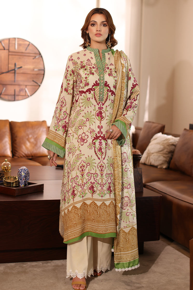 Pakistani Beige Printed Silk Salwar Kameez (3-Piece) - Image 1