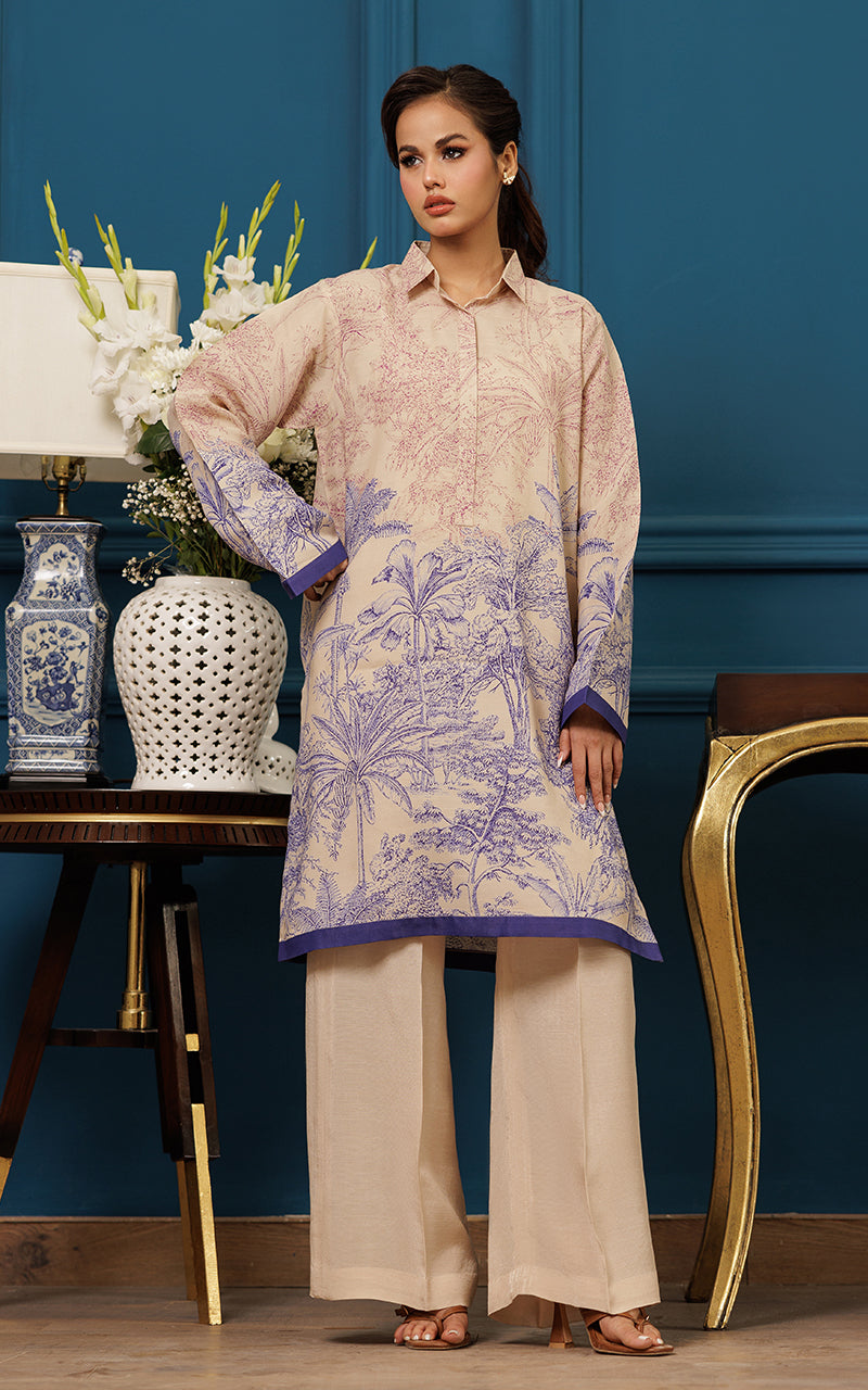 Beige Floral Print Silk Salwar Kameez (2-Piece) - Image 1