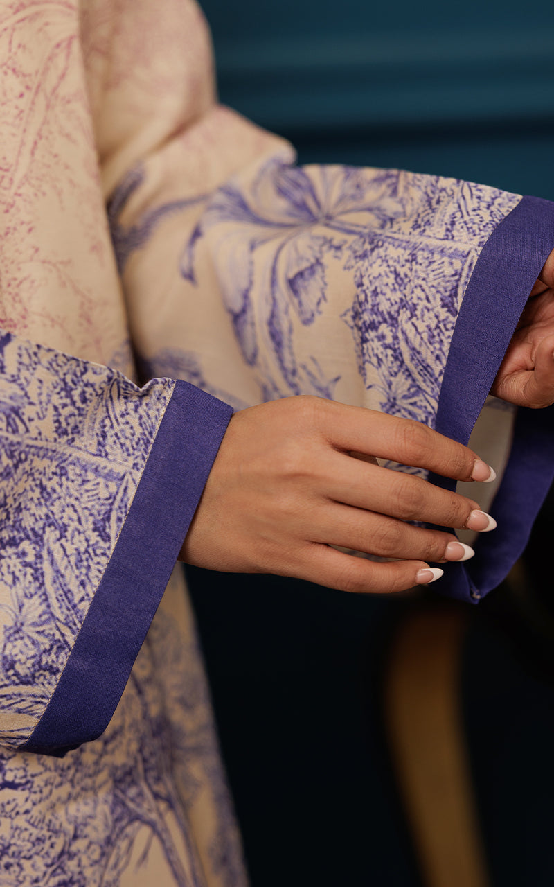 Beige Floral Print Silk Salwar Kameez (2-Piece) - Image 2