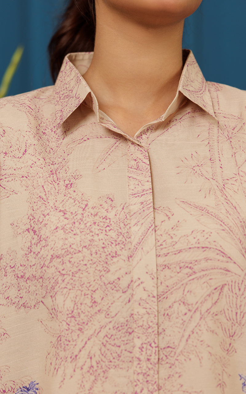 Beige Floral Print Silk Salwar Kameez (2-Piece) - Image 3