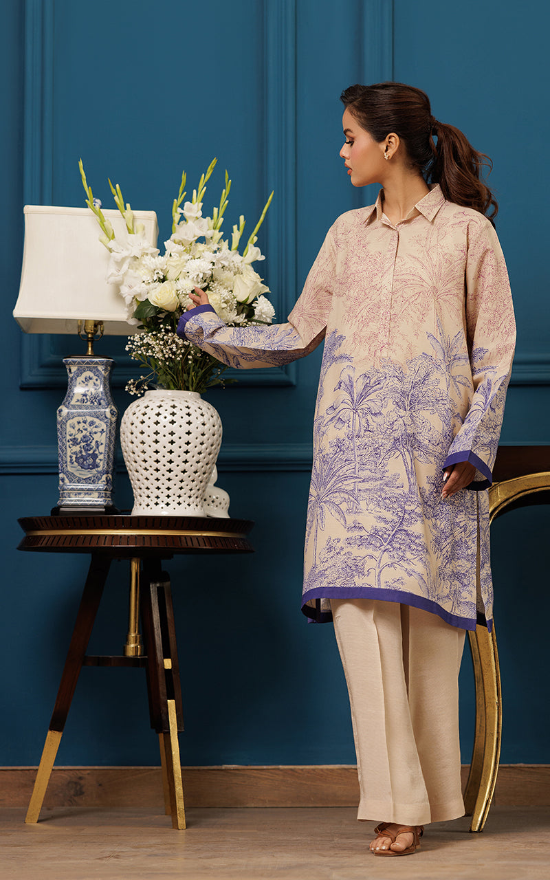 Beige Floral Print Silk Salwar Kameez (2-Piece) - Image 4